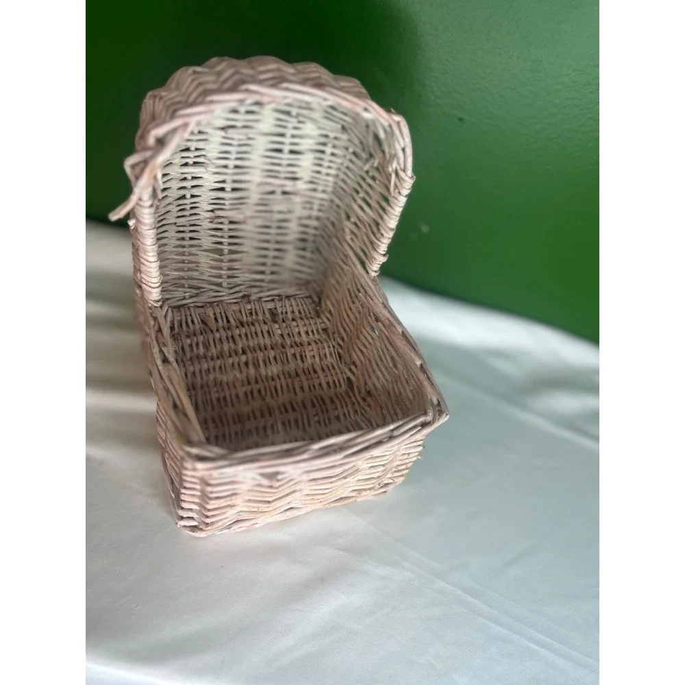 Vintage Wicker Doll Bassinet Basket Hooded Pink Whitewash Nursery Decor Prop